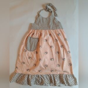 Handmade Peach and Gray Hedgehog Kids Halter Linen Dress with Floral Pocket